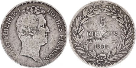 France 5 Francs Louis-Philippe 1831 MA Marseille Argent - Tranche en creux- TB