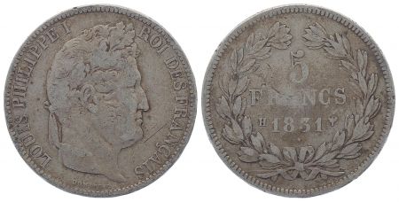 France 5 Francs Louis-Philippe 1er - 1831 H La Rochelle