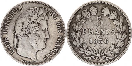 France 5 Francs Louis-Philippe 1er - 1836 K Bordeaux - 2 em ex