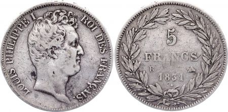 France 5 Francs Louis-Philippe I - 1831 B Rouen Argent - en creux