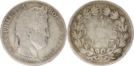 France 5 Francs Louis-Philippe I - 1831 BB Strasbourg Argent - en creux