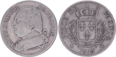 France 5 Francs Louis XVIII - Buste habillé - 1815 Q Perpignan - TB+