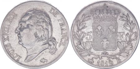 France 5 Francs Louis XVIII - Buste nu - 1819 B Rouen - TB+