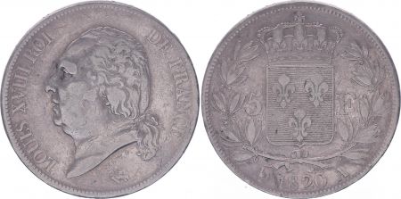 France 5 Francs Louis XVIII - Buste nu - 1820 A Paris - TB+