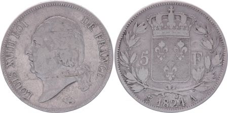 France 5 Francs Louis XVIII - Buste nu - 1824 A Paris - Argent - TB