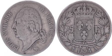 France 5 Francs Louis XVIII - Buste nu - 1824 A Paris - TB