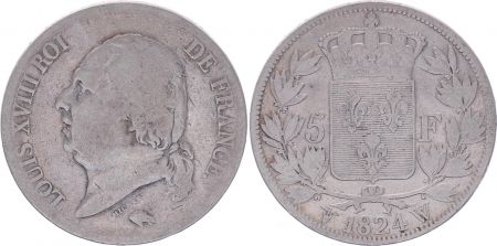 France 5 Francs Louis XVIII - Buste nu - 1824 W Lille - PTB