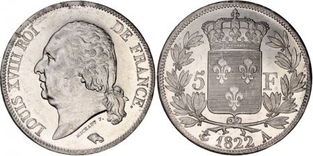 France 5 Francs Louis XVIII Buste nu - 1822 A Paris - PCGS AU 58