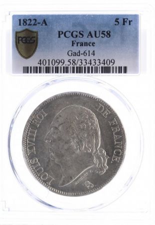 France 5 Francs Louis XVIII Buste nu - 1822 A Paris - PCGS AU 58