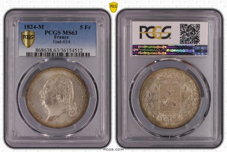 France 5 Francs Louis XVIII Buste nu - 1824 M - PCGS MS 63