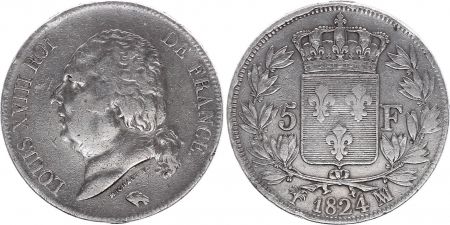 France 5 Francs Louis XVIII Buste nu - 1824 MA Marseille - Argent