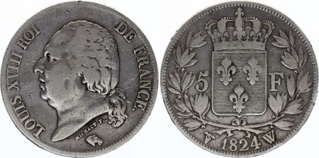 France 5 Francs Louis XVIII Buste nu - 1824 W Lille - Argent