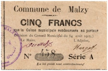 France 5 Francs Malzy Commune - Série A - 1915