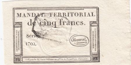 France 5 Francs Mandat Territorial - 28 Ventose An IV (18.3.1796) - Cachet Noir - SNeuf