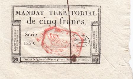 France 5 Francs Mandat Territorial - 28 Ventose An IV (18.3.1796) - Cachet Rouge - SUP +