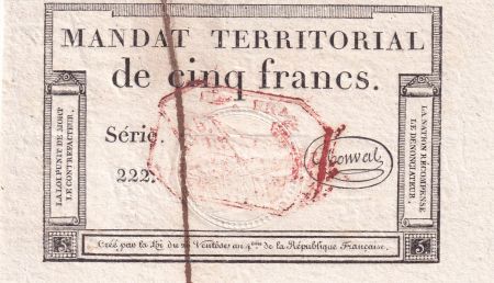 France 5 Francs Mandat Territorial - 28 Ventose An IV (18.3.1796) - Cachet Rouge