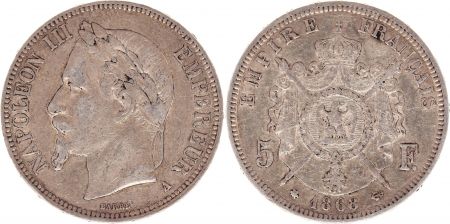 France 5 Francs Napoléon III - Tête laurée - 1868 A Paris - PTTB