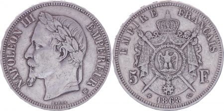 France 5 Francs Napoléon III - Tête laurée - 1868 BB Strasbourg - TB+