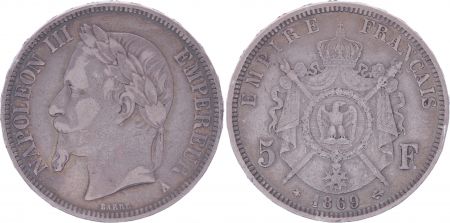 France 5 Francs Napoléon III - Tête laurée - 1869 A Paris - TB+