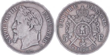 France 5 Francs Napoléon III - Tête laurée - 1870 A Paris - TB+