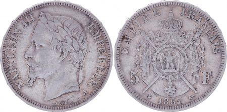 France 5 Francs Napoléon III - Tête laurée 1867 A Paris - TB+