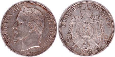 France 5 Francs Napoléon III - Tête laurée 1867 A Paris - TTB
