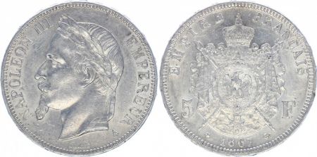 France 5 Francs Napoléon III - Tête laurée 1867 A Paris