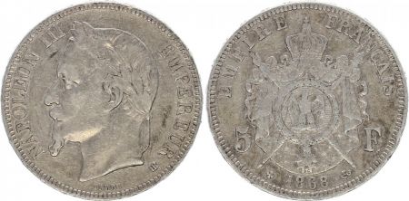 France 5 Francs Napoléon III - Tête laurée 1868 BB Strasbourg