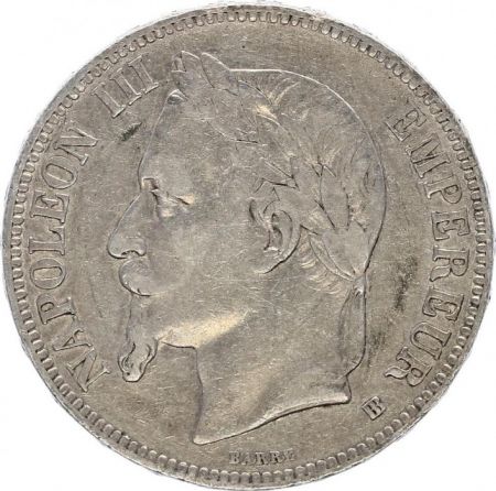 France 5 Francs Napoléon III - Tête laurée 1868 BB Strasbourg