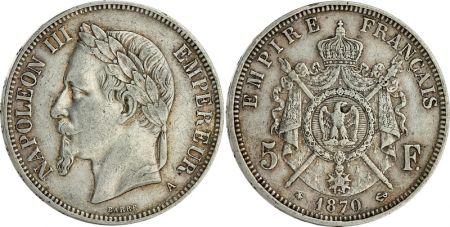 France 5 Francs Napoléon III - Tête laurée 1870 A Paris - Argent