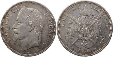 France 5 Francs Napoléon III - Tête laurée 1870 A Paris