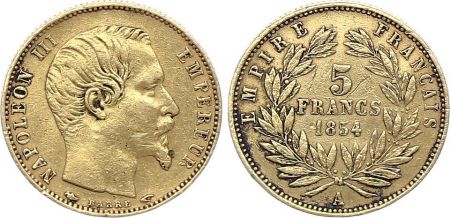 France 5 Francs Napoléon III - Tête nue - 1854 A Tranche cannelée - Petit Module Or