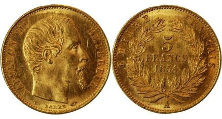 France 5 Francs Napoléon III - Tête nue - 1854 A Tranche Lisse - Petit Module Or