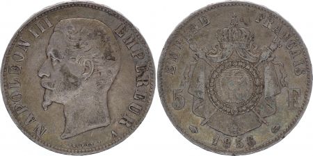 France 5 Francs Napoléon III - Tête nue - 1856 A Paris - Argent - TTB