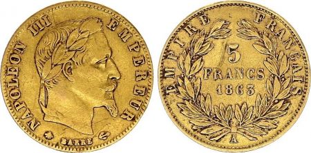 France 5 Francs Napoléon III - Tête nue - 1863 A