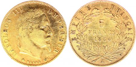France 5 Francs Napoléon III - Tête nue - 1864 A - Or