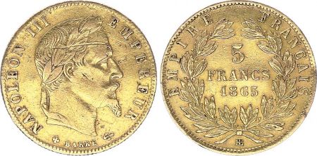 France 5 Francs Napoléon III - Tête nue - 1865 BB Strasbourg- Or