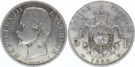 France 5 Francs Napoléon III - Tête nue 1855 A Paris - Argent - TB+
