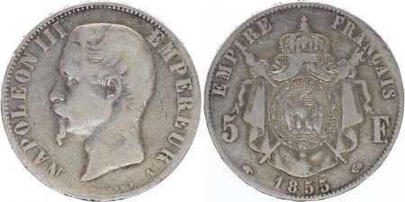 France 5 Francs Napoléon III - Tête nue 1855 A Paris - Argent - TB