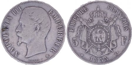 France 5 Francs Napoléon III - Tête nue 1855 BB Strasbourg - Argent - TB - 2e ex