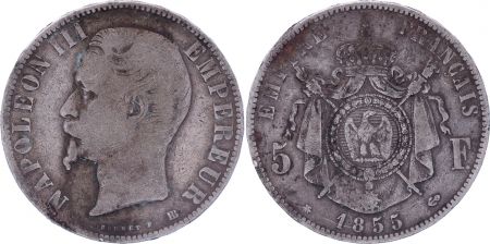 France 5 Francs Napoléon III - Tête nue 1855 BB Strasbourg - Argent - TB