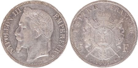 France 5 Francs Napoléon III Tête laurée 1867 BB Strasbourg