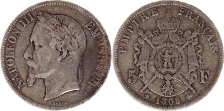 France 5 Francs Napoléon III Tête laurée 1868 BB Strasbourg