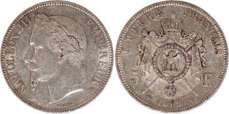 France 5 Francs Napoléon III Tête laurée 1869 BB Strasbourg