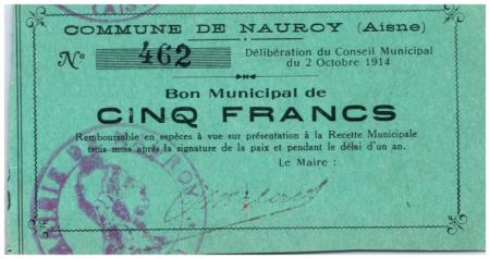 France 5 Francs Nauroy Commune - 02/10/1914