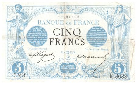 France 5 Francs Noir - 08-08-1873 Série K.3038 - TB+