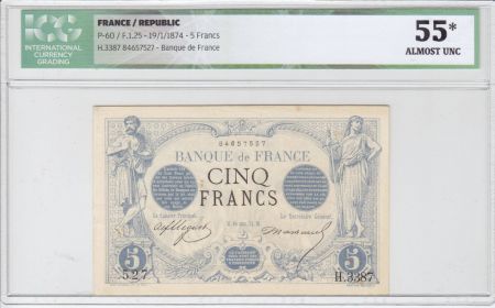 France 5 Francs Noir - Janv 1874 Série H.3387 - ICG AU 55