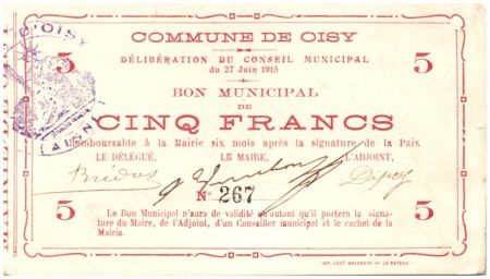 France 5 Francs Oisy Bon Municipal - N267 - 1915