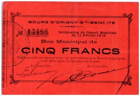 France 5 Francs Origny-Sainte-Benoite Bon Municipal - 11/02/1915