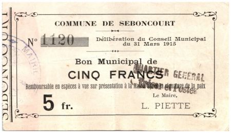 France 5 Francs Seboncourt Commune - 1915